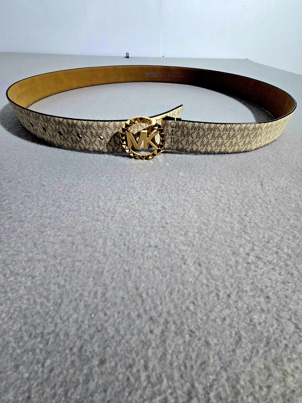 Michael Kors Beige Signature Monogram Belt with Gold MK Buckle